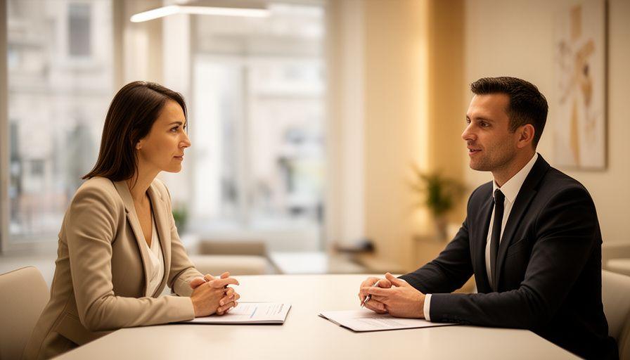 Sessione di coaching professionale per colloquio di lavoro in un ufficio moderno a Roma con coach e candidato seduti a un tavolo luminoso
